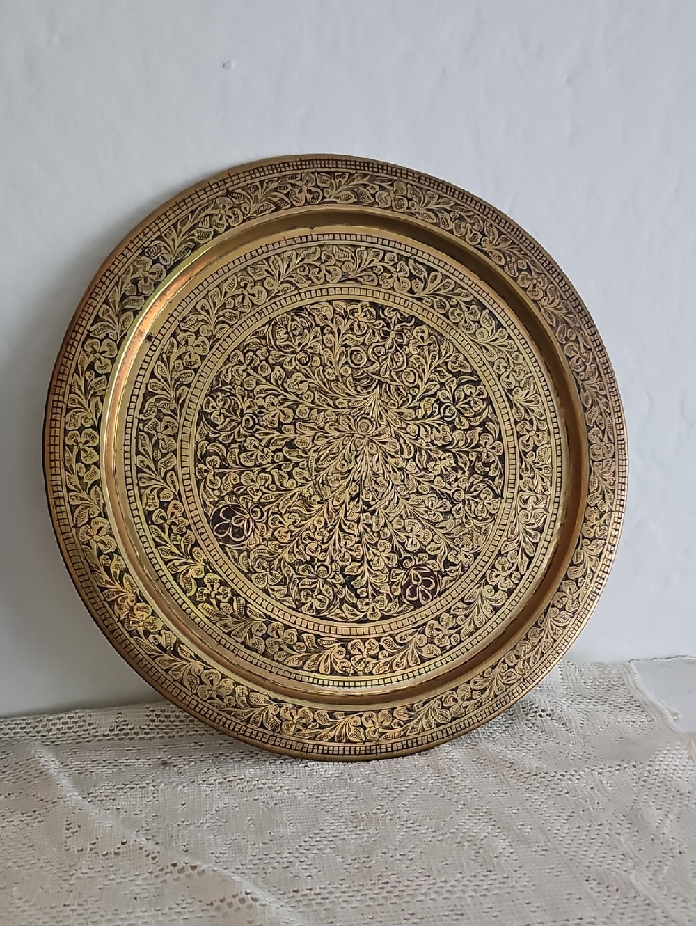 Intricate Brass Decorative Tray - Gold Floral Engraving